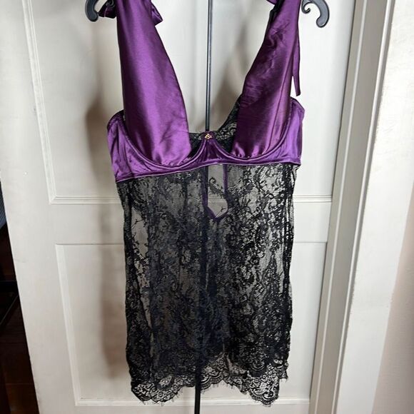 Dreamgirl Purple Satin Black Lace Slip Teddy + Panty Set Plus Size 1X New - Picture 1 of 7